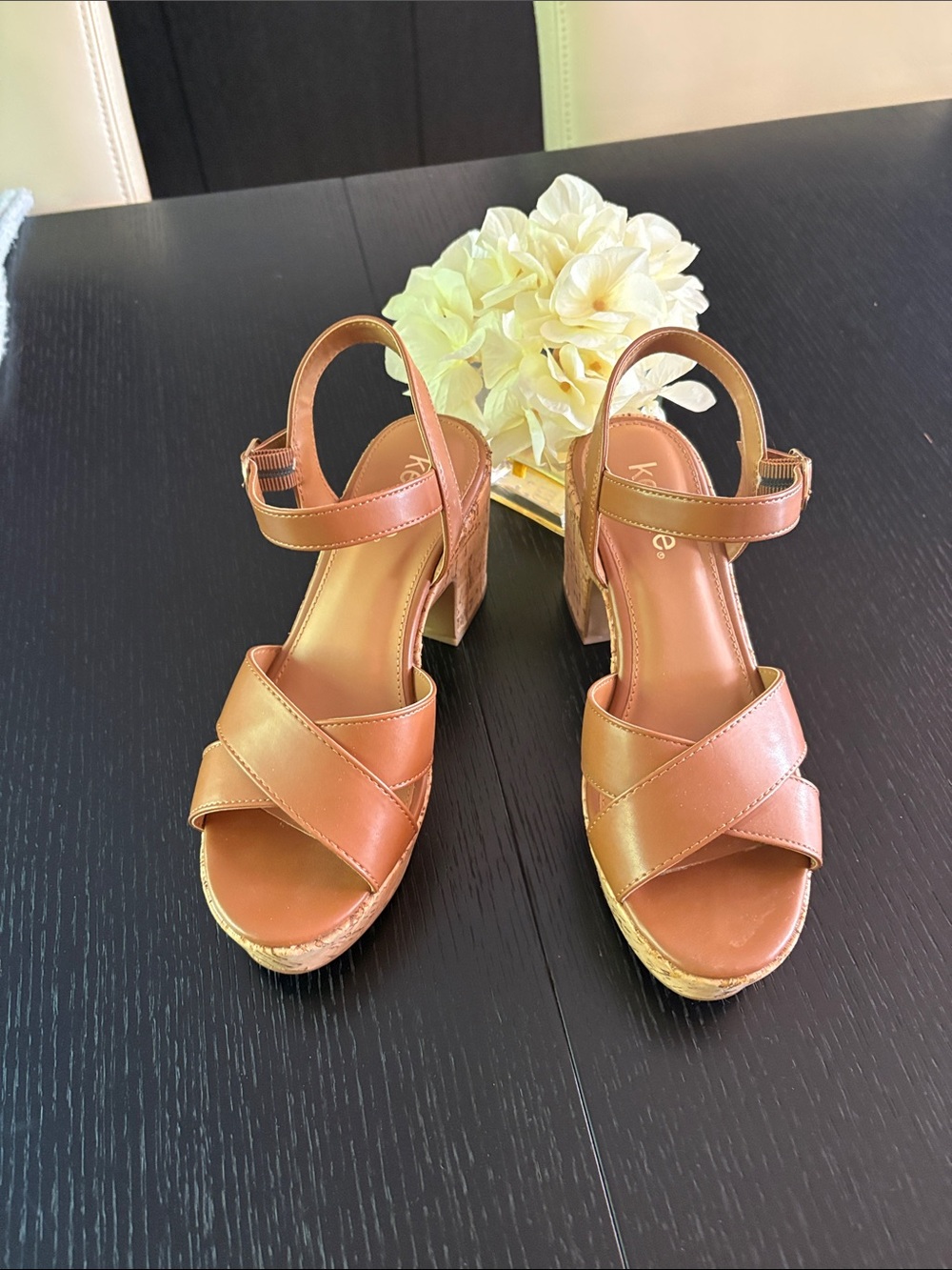 Kensie Brown Leather-Look Crisscross Wedge Sandals